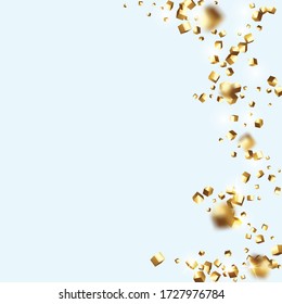 Birthday Card with Metallic Texture. Gold Confetti. Isolated Golden Cube Particles. Chaotic Confetti Backdrop. Foil Border. Geometric Anniversary Card. Vector Square Bokeh. Iridescent Background.