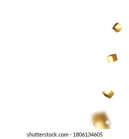 Birthday Card with Metallic Texture. Gold Confetti. Isolated Golden Cube Particles. Vector Square Bokeh. Iridescent Background. Geometric Anniversary Card. Chaotic Confetti Backdrop. Foil Border.