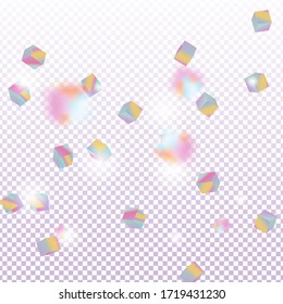 Birthday Card with Metallic Texture. Holo Confetti. Isolated Holographic Cube Particles. Vector Square Bokeh. Iridescent Background. Geometric Anniversary Card. Chaotic Confetti Backdrop. Foil Border.