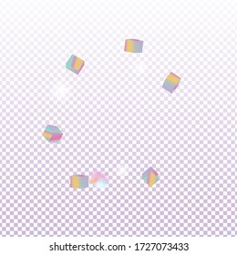 Birthday Card with Metallic Texture. Holo Confetti. Isolated Holographic Cube Particles. Vector Square Bokeh. Iridescent Background. Chaotic Confetti Backdrop. Foil Border. Geometric Anniversary Card.