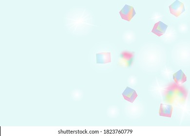 Birthday Card with Metallic Texture. Holo Confetti. Isolated Holographic Cube Particles. Geometric Anniversary Card. Vector Square Bokeh. Iridescent Background. Chaotic Confetti Backdrop. Foil Border.