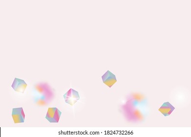 Birthday Card with Metallic Texture. Holo Confetti. Isolated Holographic Cube Particles. Chaotic Confetti Backdrop. Foil Border. Vector Square Bokeh. Iridescent Background. Geometric Anniversary Card.