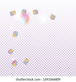 Tarjeta de cumpleaños con textura metálica. Vector Square Bokeh. Fondo irlandés. Holo Confetti. Partículas de cubo holográfico aisladas. El caótico contexto de Confetti. Borde de aceite. Tarjeta de aniversario geométrico.