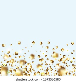 Birthday Card with Metallic Texture. Vector Square Bokeh. Iridescent Background. Chaotic Confetti Backdrop. Foil Border. Gold Confetti. Isolated Golden Cube Particles. Geometric Anniversary Card.