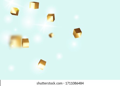 Birthday Card with Metallic Texture. Vector Square Bokeh. Iridescent Background. Geometric Anniversary Card. Gold Confetti. Isolated Golden Cube Particles. Chaotic Confetti Backdrop. Foil Border.