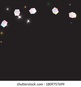 Birthday Card with Metallic Texture. Vector Square Bokeh. Iridescent Background. Chaotic Confetti Backdrop. Foil Border. Geometric Anniversary Card. Holo Confetti. Isolated Holographic Cube Particles.