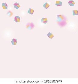 Birthday Card with Metallic Texture. Vector Square Bokeh. Iridescent Background. Holo Confetti. Isolated Holographic Cube Particles. Geometric Anniversary Card. Chaotic Confetti Backdrop. Foil Border.