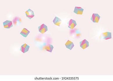 Birthday Card with Metallic Texture. Vector Square Bokeh. Iridescent Background. Chaotic Confetti Backdrop. Foil Border. Holo Confetti. Isolated Holographic Cube Particles. Geometric Anniversary Card.