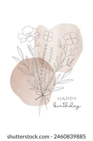 A birthday card in a minimalist aesthetic with a bouquet of flowers and watercolour stains. Vector