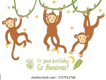 Birthday card with monkeys with funny inscription. Vector graphics.