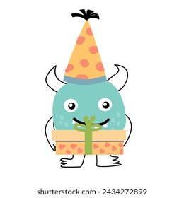 birthday card of monster with gift box and cap. Vector illustration can used for banner, baby birthday background, greeting card, poster for interior. 
