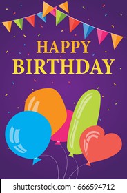 Birthday card. Multicolored balloons on purple background vector illustration

