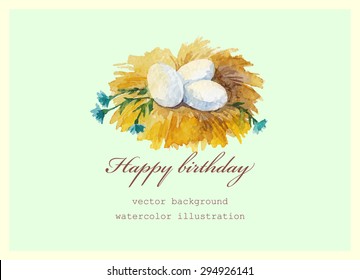 birthday card with nest and eggs. watercolor vintage illustration
