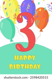 Birthday card with number 3 in cartoon style