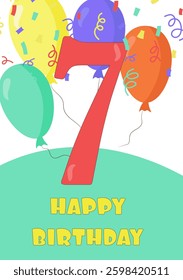 Birthday card with number 7 in cartoon style