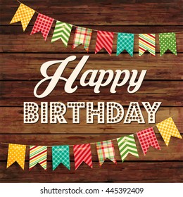 birthday card on wood background, vector illustration