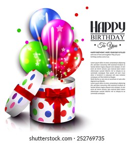 Birthday card with open gift box, balloons and magic light fireworks. Vector.