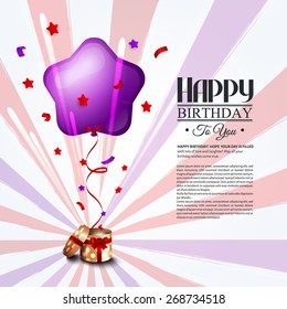 Birthday card with open gift box, balloons and magic light fireworks. Vector.