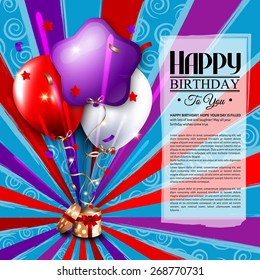 Birthday card with open gift box, balloons and magic light fireworks on the sun rays background.
