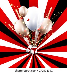 Birthday card with open gift box, balloons and magic light fireworks on the sun rays background.