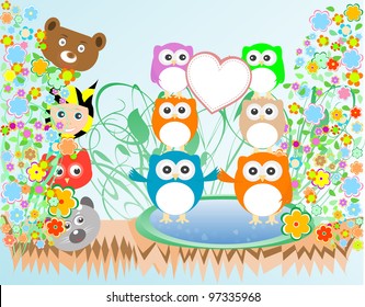 birthday card with owl, bird, bear and baby boy. vector