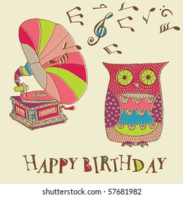birthday card with owl and gramophone