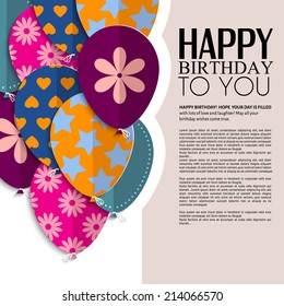 Birthday card with paper balloons and birthday text.