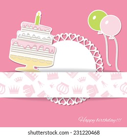 Birthday card. Paper cut elements. Pattern with crowns saved in swatches.