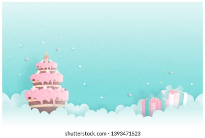 Birthday card in paper cut style vector illustration.