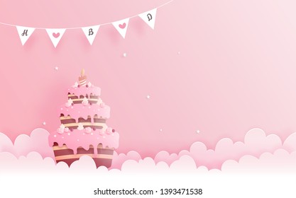 Birthday card in paper cut style vector illustration.