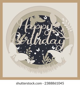 Birthday card, paper cut style. Layered Happy Birthday vector illustration. Birthday card with butterflies. 