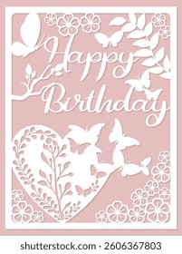 Birthday card, Paper cut style, set of floral elements for design