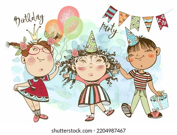 A birthday card. Birthday party. Funny children with balloons and gifts celebrate their birthday. Vector.