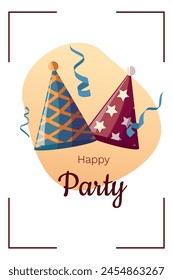 Birthday card with party hats. Holiday, festive event. Vector illustration for card, invitation, poster.
