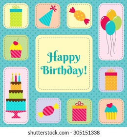 Birthday card or party invitation with cake, balloons, cupcakes, sweets, presents and hats