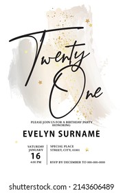 Birthday card party invitation in vector. Twenty one birthday crd template luxury elegance card with watercolor background in beige grey colors gold splashes 
