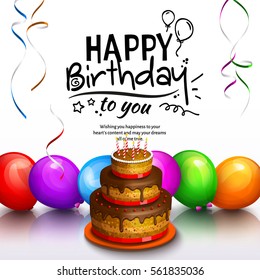 Birthday card. Party multicolored balloons, cake, streamers and stylish lettering. Vector.