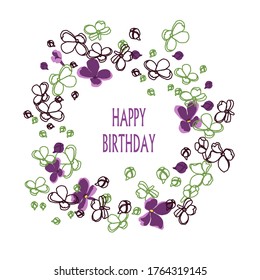 Birthday card. Pattern of lilac flowers. Eco design