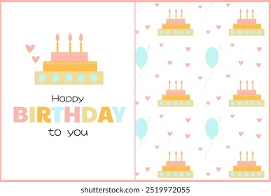 Birthday card and pattern set with a cake and balloons