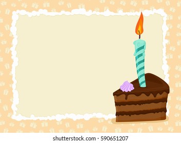 Birthday card. Piece of cake and candle. Holiday greeting template
