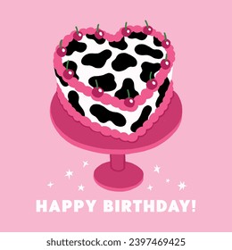 Birthday card, pink colors, heart shaped cake with cherries, cute funny design cowboy party