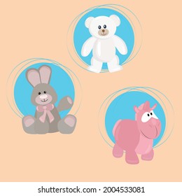 Birthday card. Pink donkey. White bear. Gray hare. Birthday party invitation for a child's birthday party. 
