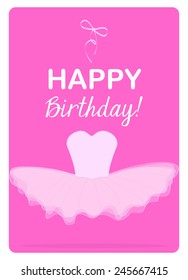 birthday card with pink leotard with tulle tutu and pink ribbon on pink background