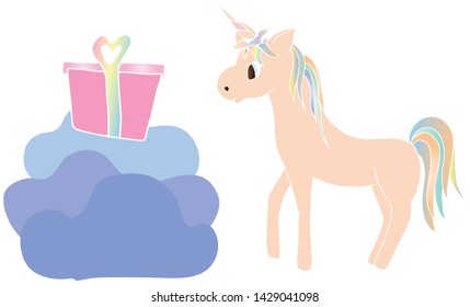 birthday card with a pink unicorn and a gift box. vector for design posters, wallpapers, magazines