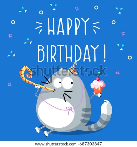 Birthday card. Postcard with the image of a cat with a cake. Vector illustration.