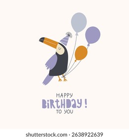 Birthday card or poster with cute bird toucan in party hat, colorful balloons and greeting lettering.