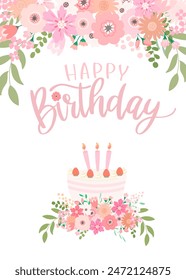 Birthday card and poster design with birthday cake and pink flowers. Vector illustration. Happy Birthday calligraphy.