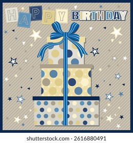Birthday card with presents, stars and lettering