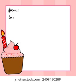 birthday card printable square size with element pink cupcake and soft pastel background