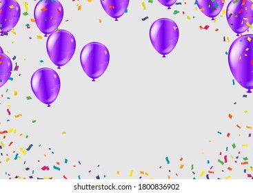 Birthday card with purple balloons and confetti on backgr